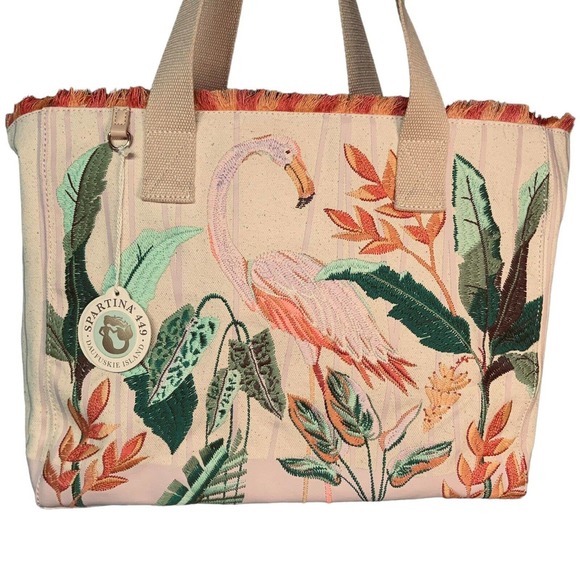 NWT Spartina 449 Beach Tote Tropic Flamingo Canvas Bag Embroidered Fringe 676410 - Picture 2 of 6